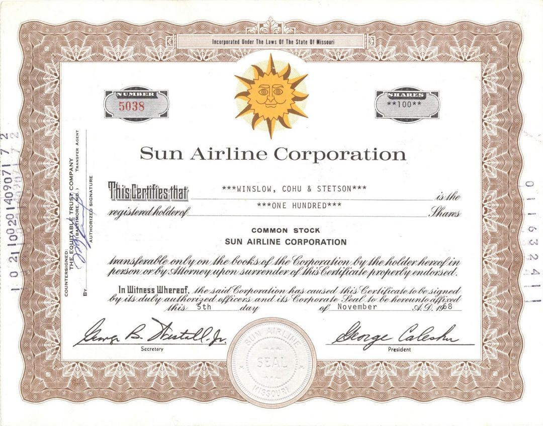 Sun Airline Corp. - Stock Certificate