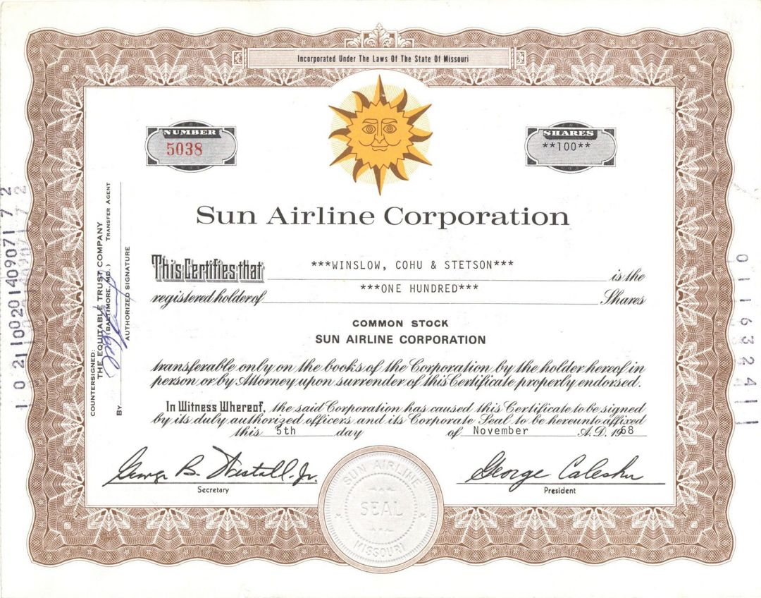 Sun Airline Corp. - 1960's dated Aviation Stock Certificate
