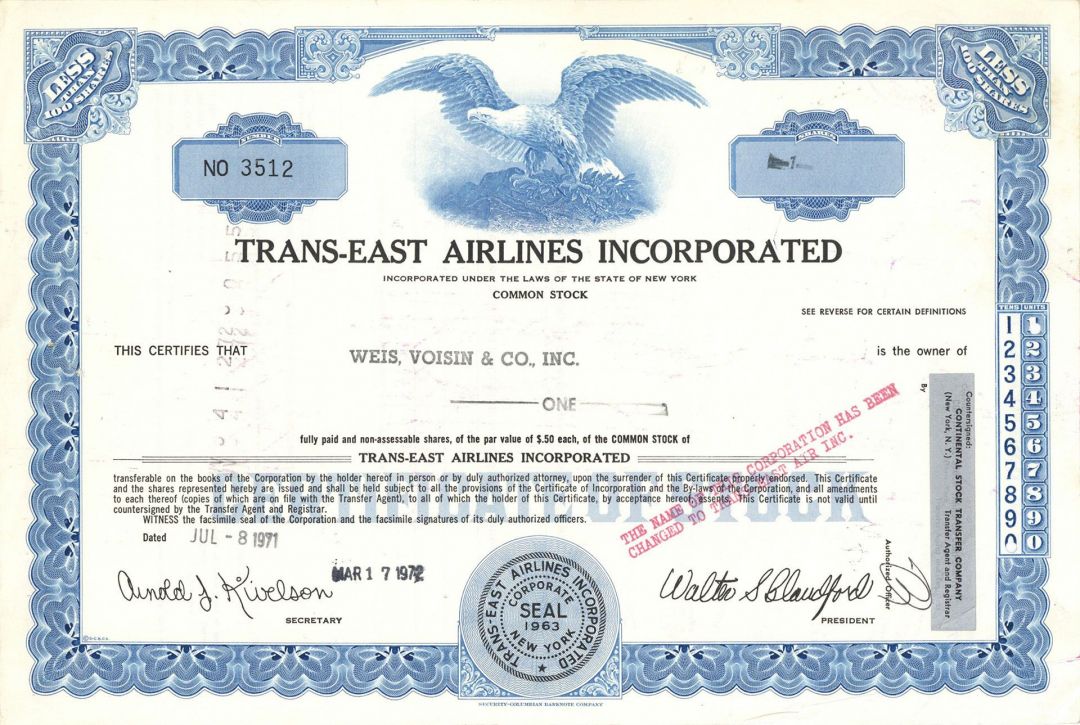 Trans-East Airlines Inc. - 1972 dated Aviation Stock Certificate - Very Rare Type