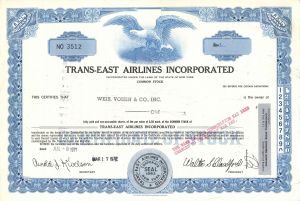 Trans-East Airlines Inc. - Aviation Stock Certificate