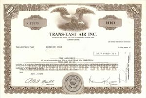 Trans-East Air Inc. - 1972 dated Aviation Stock Certificate