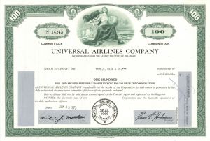 Universal Airlines Co. - dated 1970's Aviation Stock Certificate - Shows M. Lamar Muse as Previous President - Muse was Co-Founder of Southwest Airlines