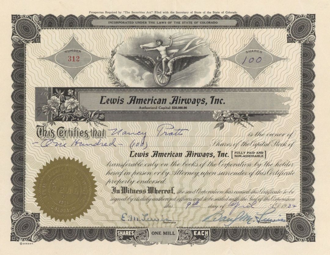 Lewis American Airways, Inc. - Stock Certificate