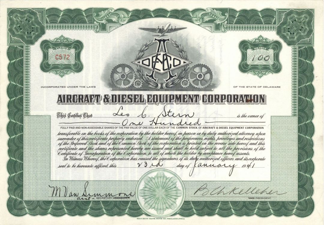 Aircraft and Diesel Equipment Corp. - 1941 Stock Certificate
