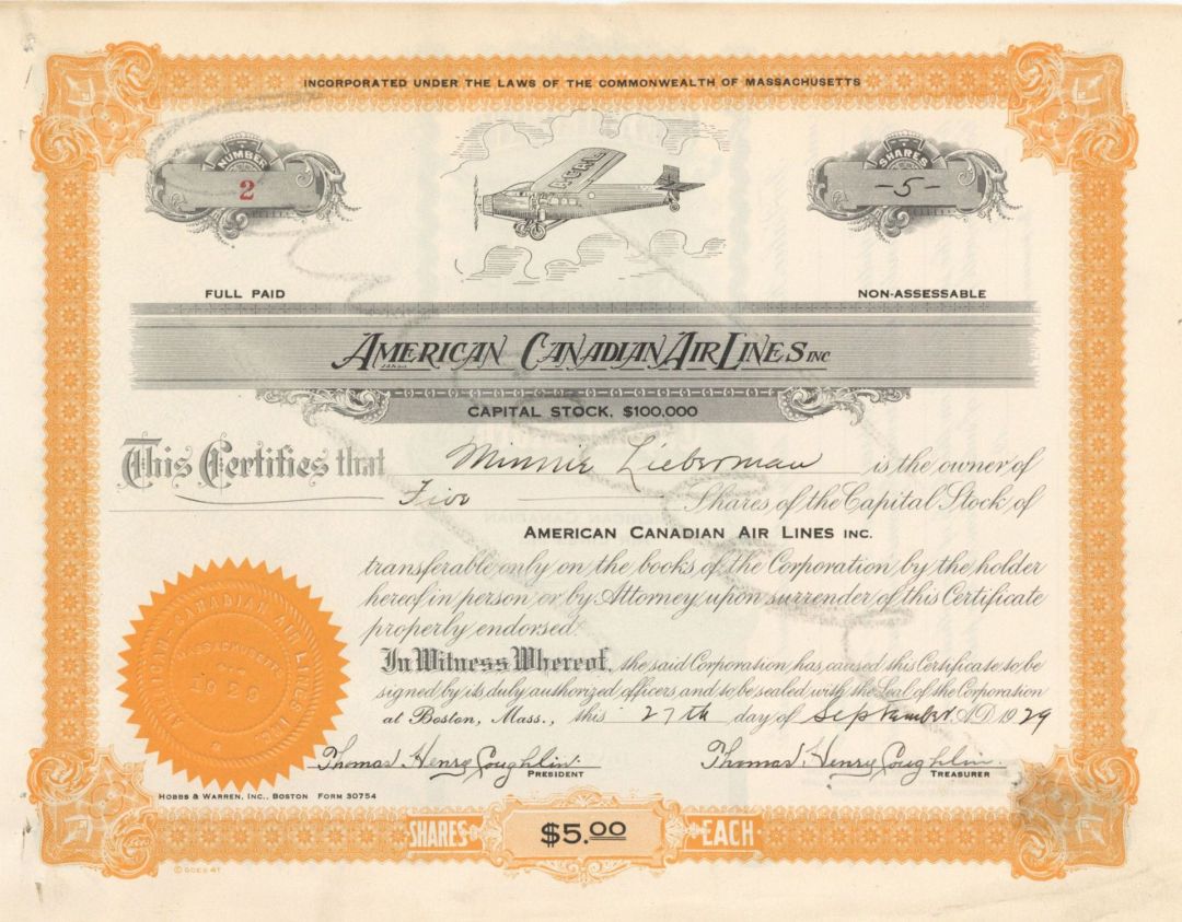 American Canadian Air Lines, Inc. - 1929 Stock Certificate