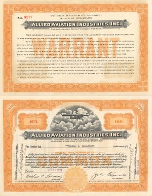 Allied Aviation Industries, Inc. - 1929 dated Stock Certificate - Very Unusual