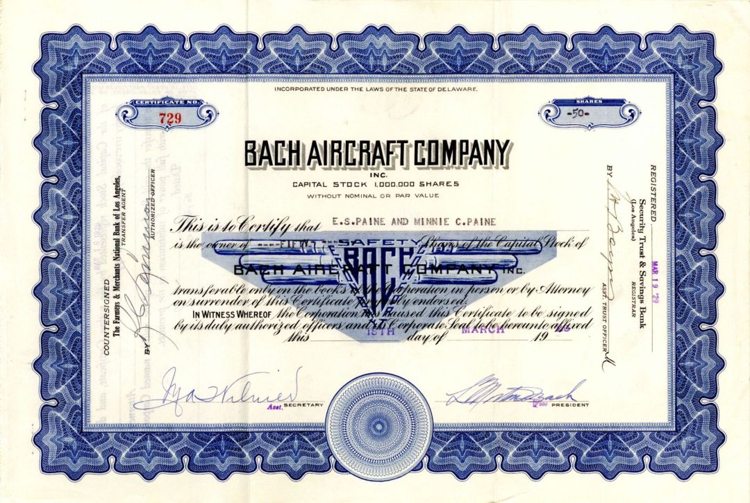 Bach Aircraft Co. - 1929 dated Stock Certificate