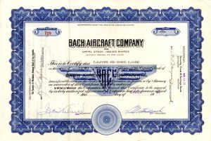 Bach Aircraft Co. - 1929 dated Stock Certificate