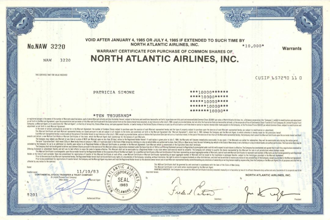 North Atlantic Airlines, Inc.  - 1983 dated Stock Certificate