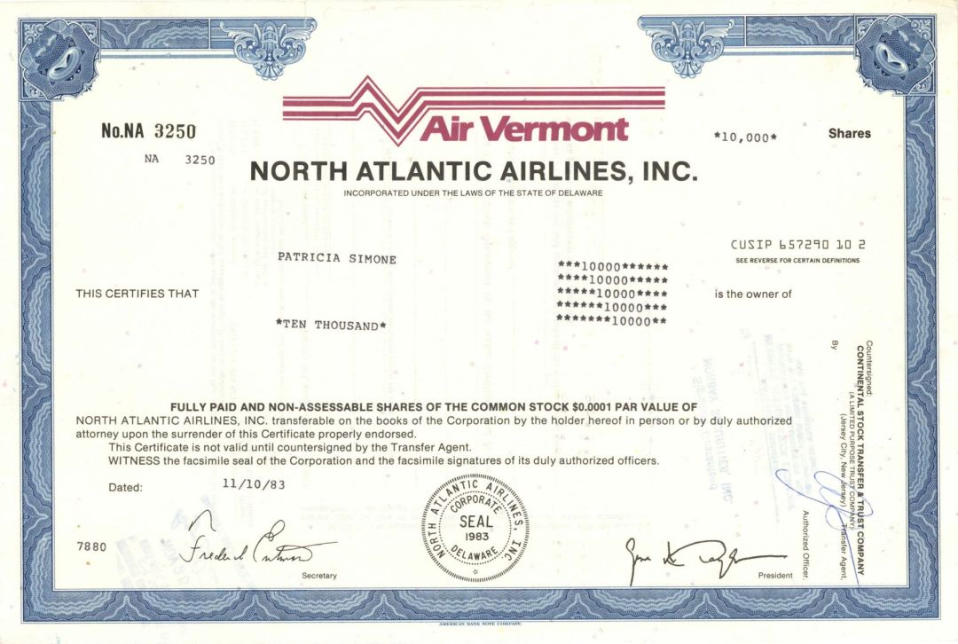Air Vermont North Atlantic Airlines, Inc.  - 1983 dated Stock Certificate