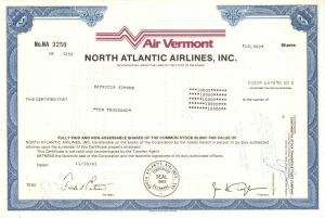 Air Vermont North Atlantic Airlines, Inc.  - 1983 dated Stock Certificate