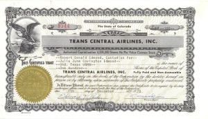Trans Central Airlines, Inc.  - 1970 or 1971 dated Stock Certificate