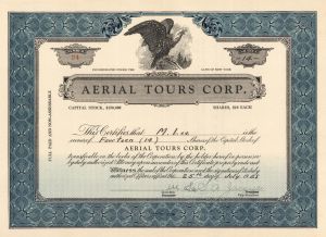 Aerial Tours Corp. - 1928 dated Stock Certificate