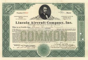 Lincoln Aircraft Company, Inc. - 1929 dated Stock Certificate