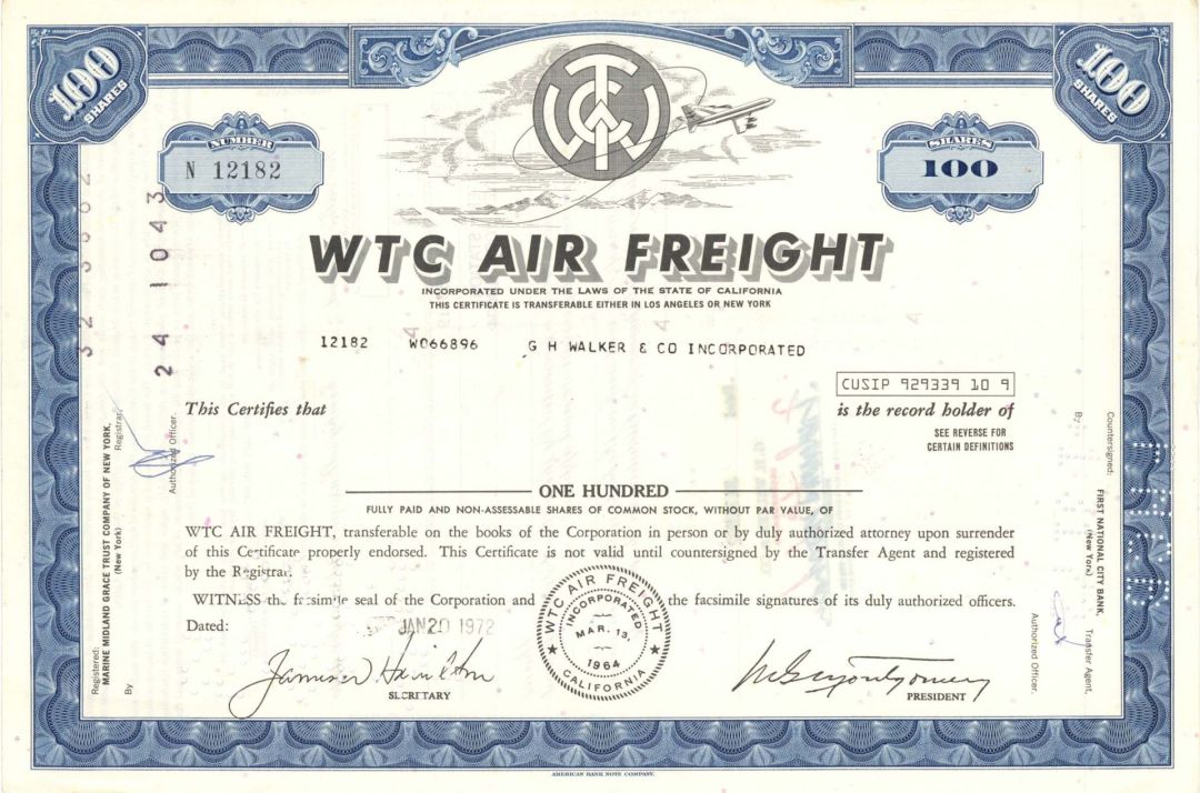 WTC Air Freight - 1972 dated Stock Certificate