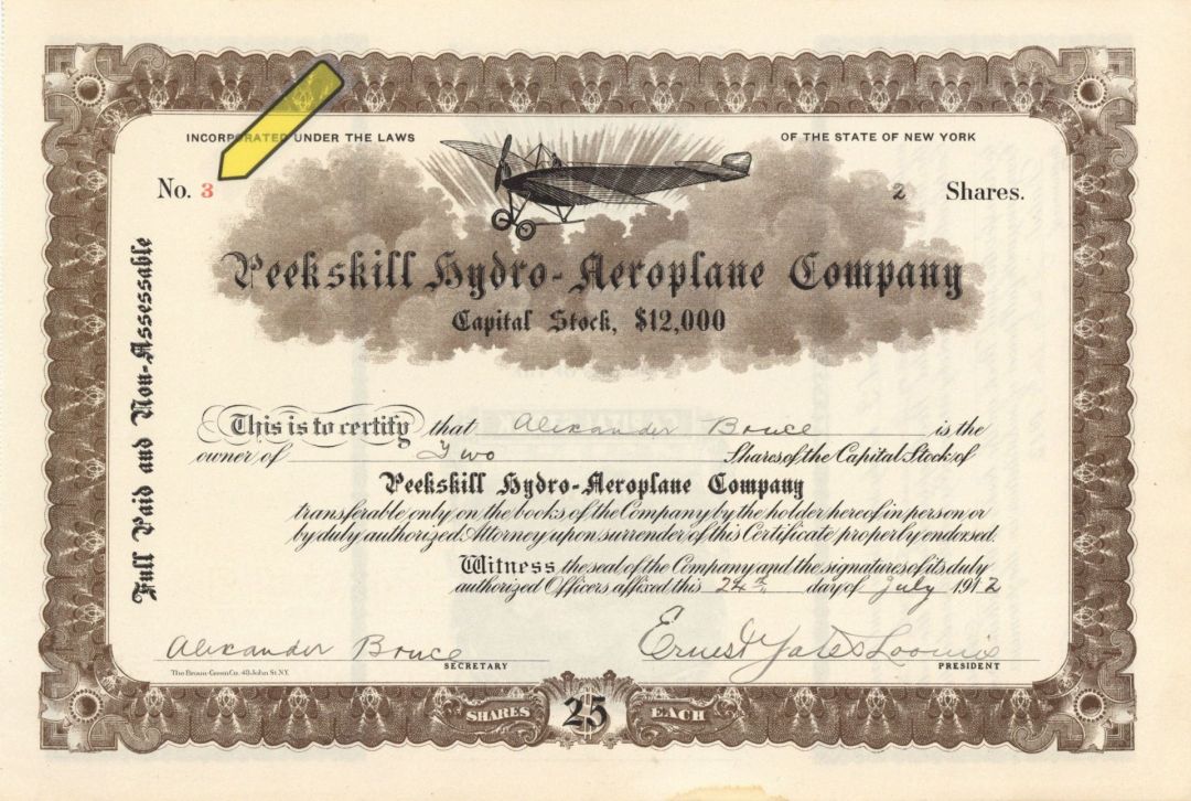Peekskill hydro-Aeroplane Co. - 1912 dated Aviation Stock Certificate
