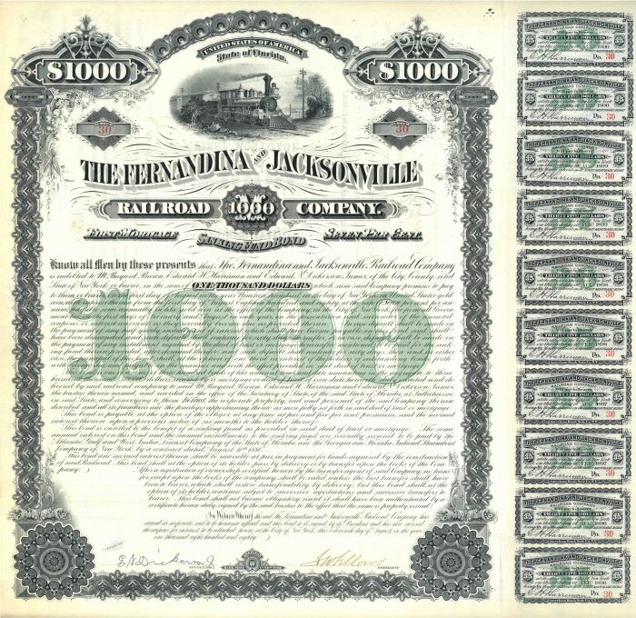 Fernandina and Jacksonville Railroad Bond signed by E. H. Harriman (Uncanceled)