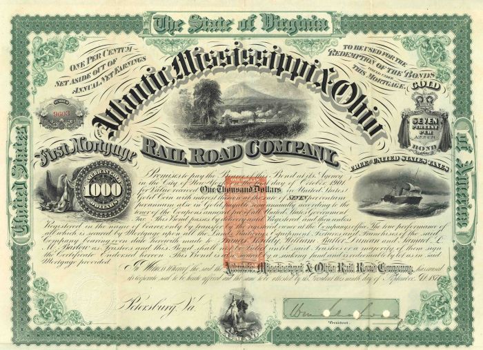 Atlantic Mississippi and Ohio Rail Road Co Uncanceled $1,000 Gold Bond signed by General William Mahone