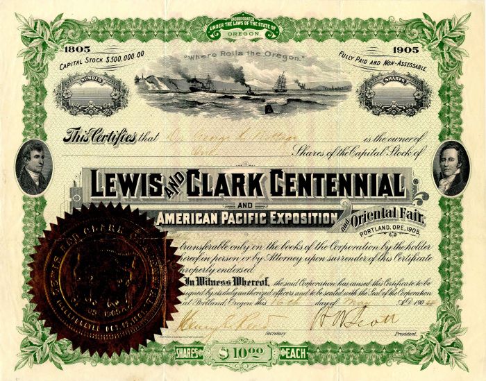 Lewis and Clark Centennial and American Pacific Exposition and Oriental Fair - World's Fair Stock Certificate