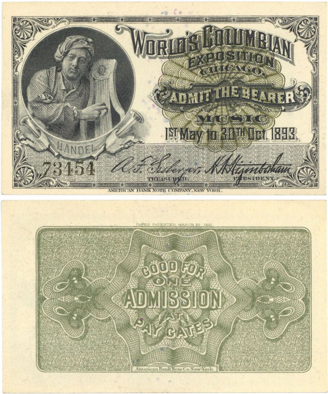 Ticket with Man with Instrument for the 1893 World's Columbian Exposition Chicago - World's Fair