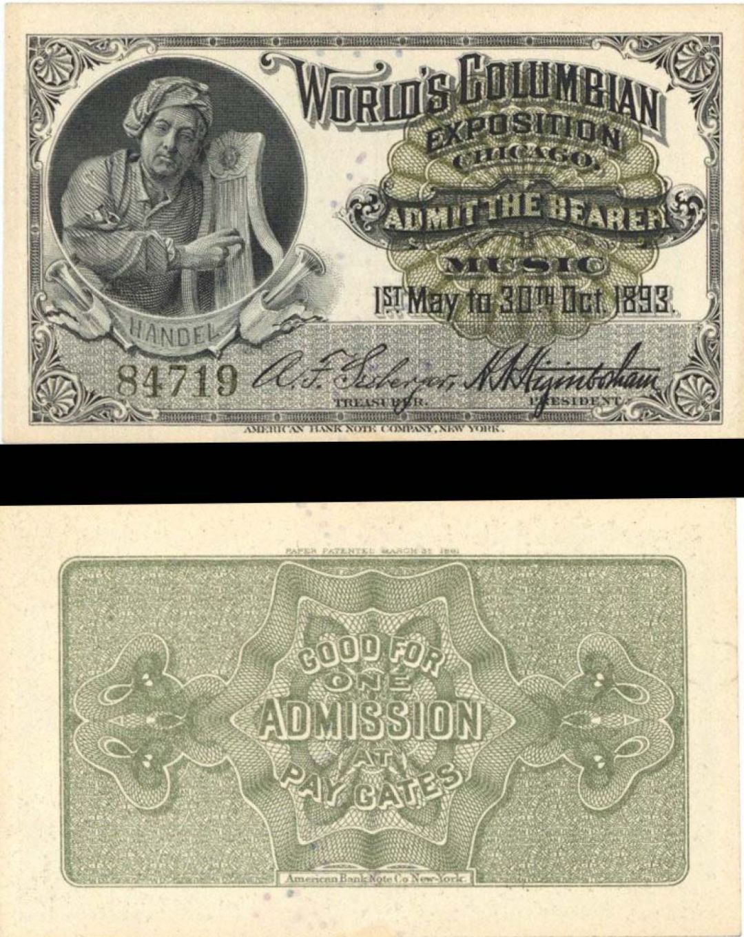 Ticket with Man with Instrument for the 1893 World's Columbian Exposition Chicago - World's Fair