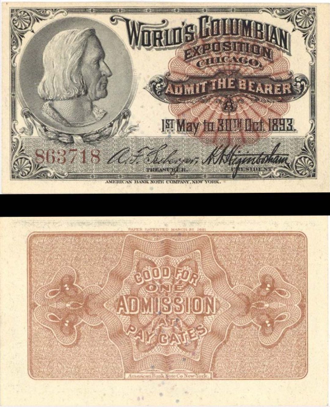 Ticket with Christopher Columbus for the 1893 World's Columbian Exposition Chicago - World's Fair