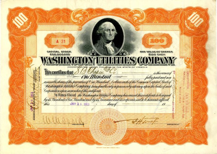 Washington Utilites Co. - Stock Certificate