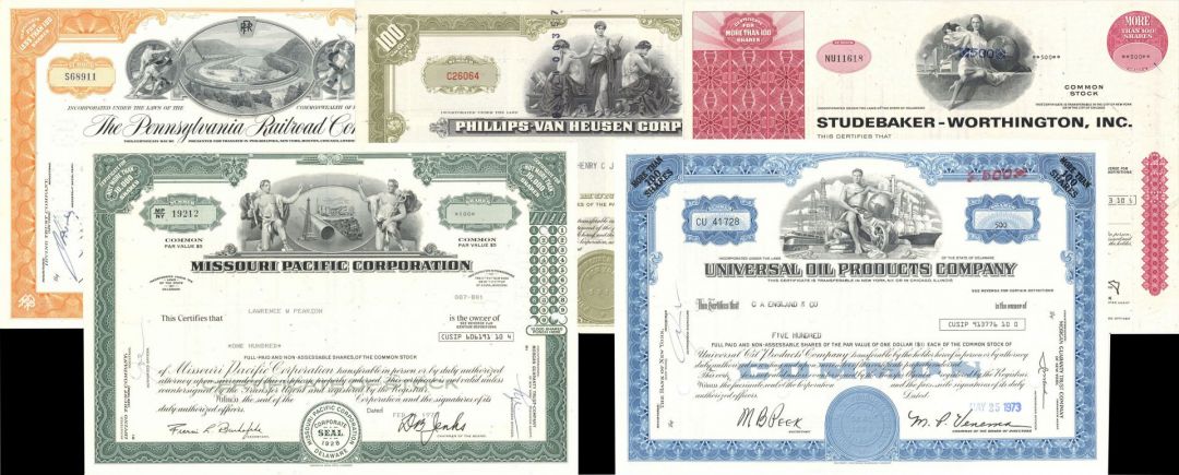 Collection of 5 Different Stocks -  Five Randomly Selected Stock Certificates