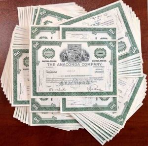 100 Pieces of Anaconda Co. - 100 Stock Certificates dated 1960's-70's! - The Great Mining Company