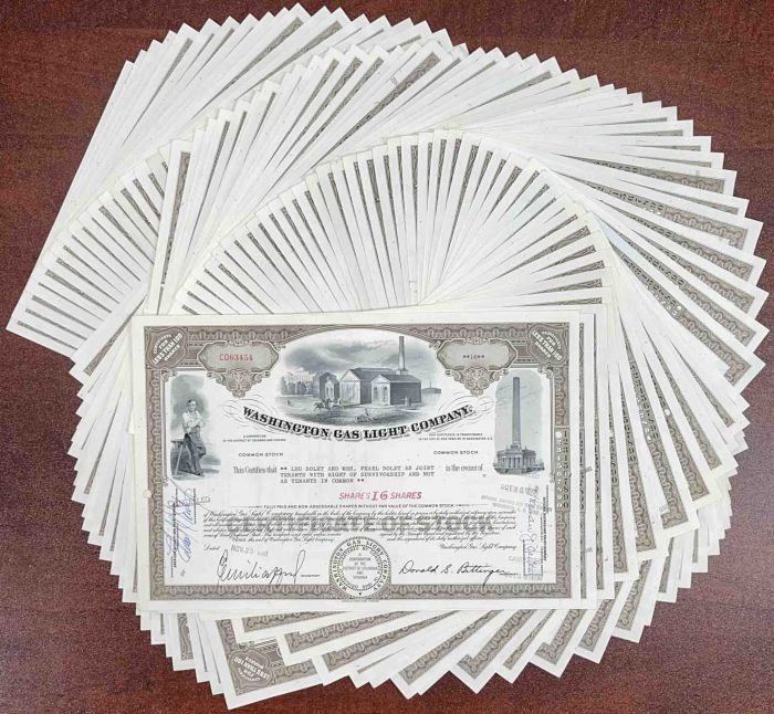 100 Pieces of Washington Gas Light Co. - 100 Stock Certificates!
