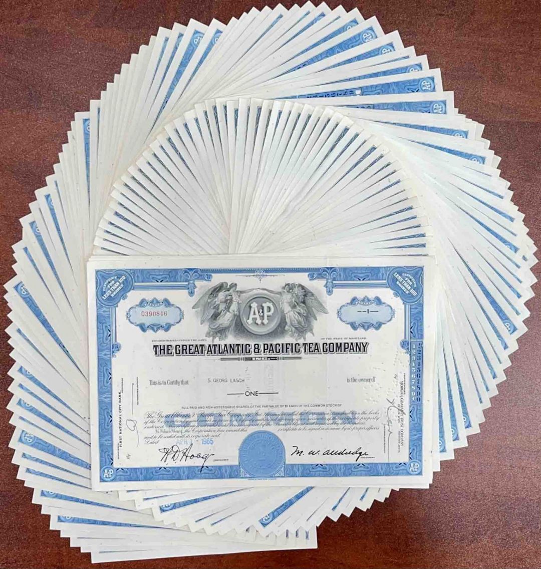 100 Pieces of Great Atlantic and Pacific Tea Co. - A&P - 100 Stock Certificates dated 1960's-70's