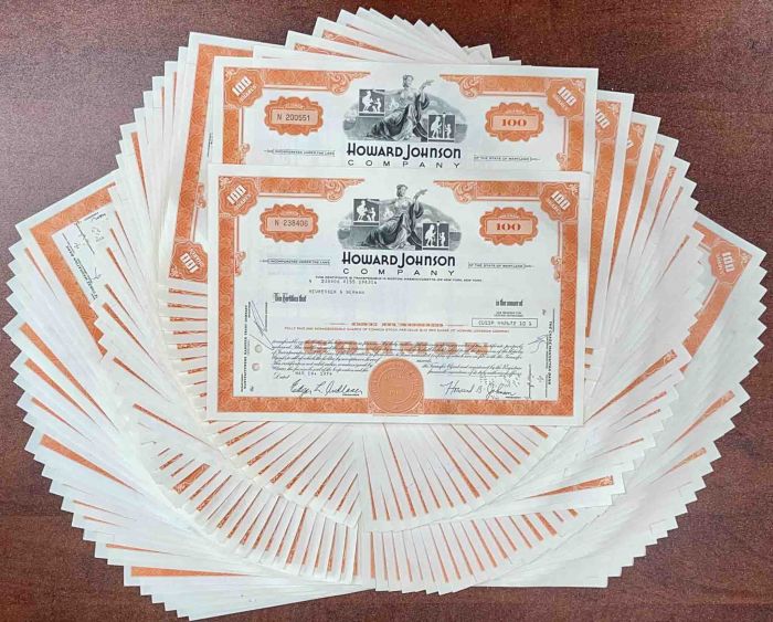 100 Pieces of Howard Johnson Co. - 100 Stock Certificates dated 1970's!