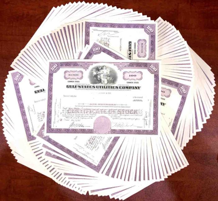 100 Pieces of Gulf States Utilities Co. - 100 Stock Certificates dated 1960's-70's!