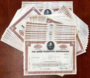 50 Pieces of Chase Manhattan Corporation - 50 Stock Certificates dated 1969-70 - With David Rockefeller's Facimile Signature