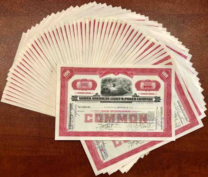 50 Pieces of North Amercian Light and Power Co - 50 Stock Certificates dated 1930's-40's