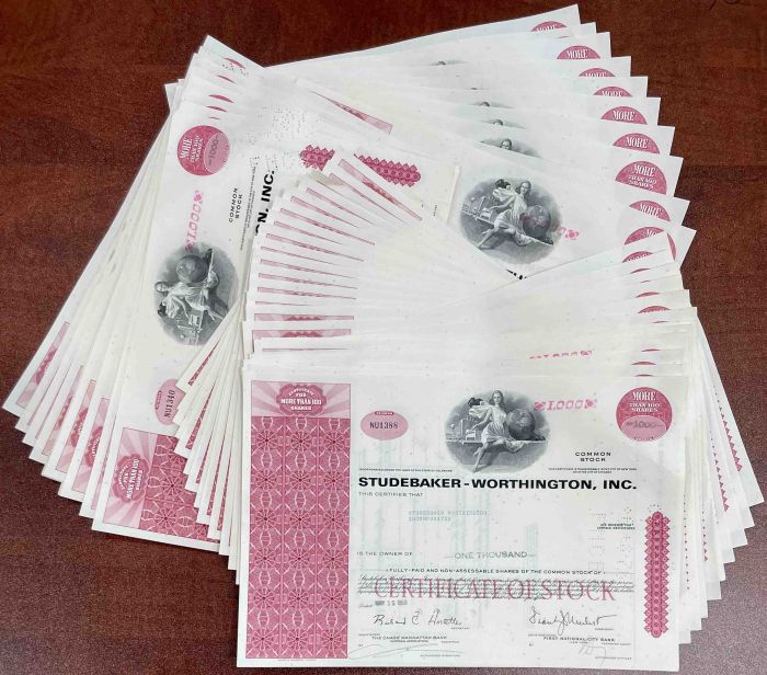 50 Pieces of Studebaker-Worthington, Inc. - 50 Stock Certificates