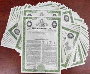 50 Pieces of Trans World Airlines, Inc - 50 Bonds dated 1960's! - Famous Commercial Airliner Company
