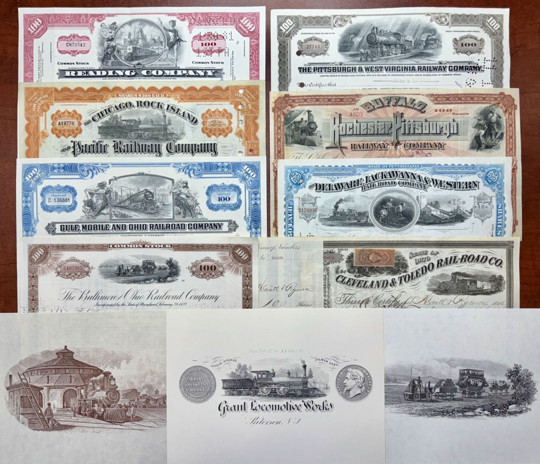 Collection of 8 Railroad Stocks and 3 Prints - 1860's-1950's dated Group of 8 Stocks and 3 Prints - Great Collection
