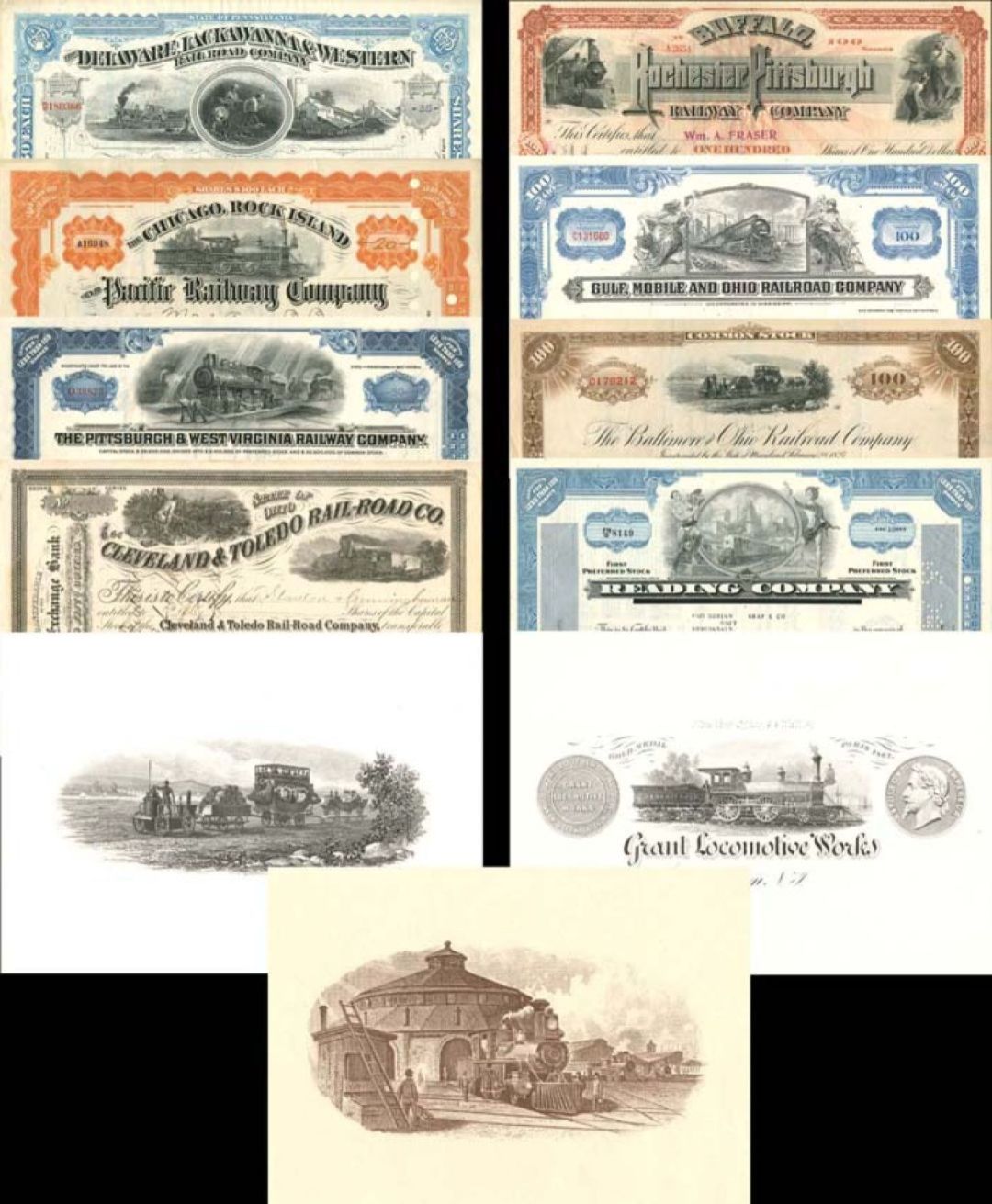 Collection of 8 Railroad Stocks and 3 Prints - 1860's-1950's dated Group of 8 Stocks and 3 Prints - Great Collection