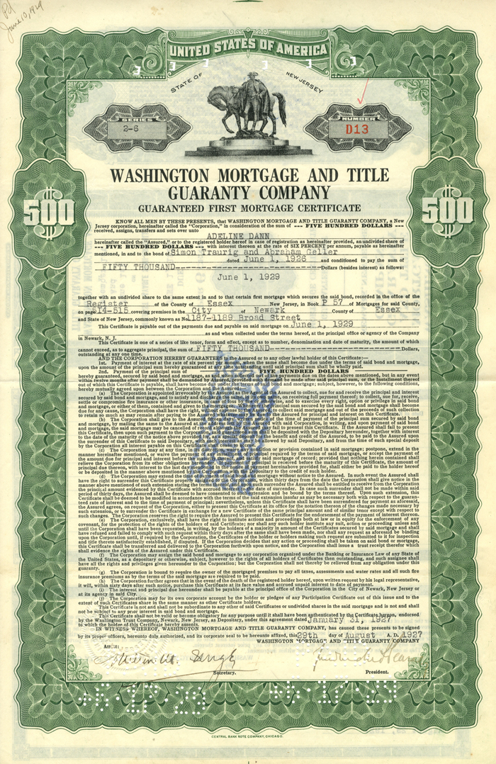 Washington Mortgage and Title Guaranteed Co. $500 Bond