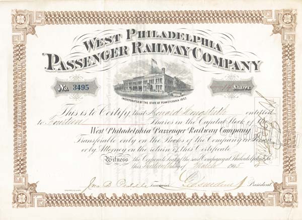 George Dunton Widener - Died on the Titanic - West Philadelphia Passenger Railway Co. signed by George D. Widener - Stock Certificate