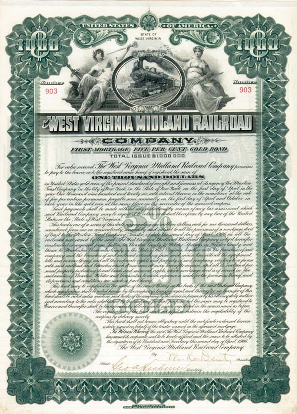 West Virginia Midland Railroad - 1906 dated Railway Bond (Uncanceled)