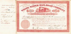White Water Railroad Stock issued to/signed twice by Elijah Smith - Railway Stock Certificate