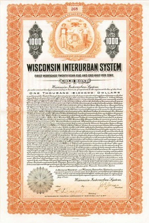Wisconsin Interurban System - $1,000 Bond (Uncanceled)