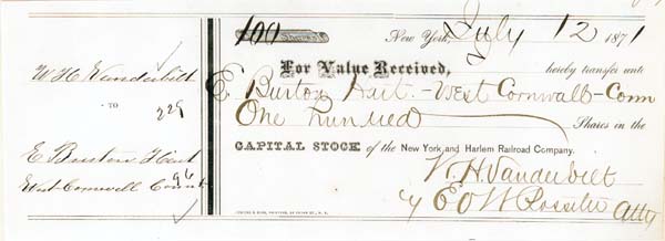 William H. Vanderbilt - New York and Harlem Railroad Check