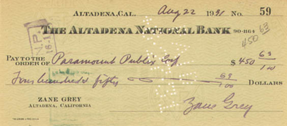 Zane Grey signed Check