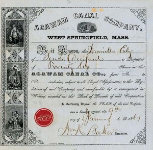 Agawam Canal Co. - 1861 dated West Springfield Massachusetts Stock Certificate