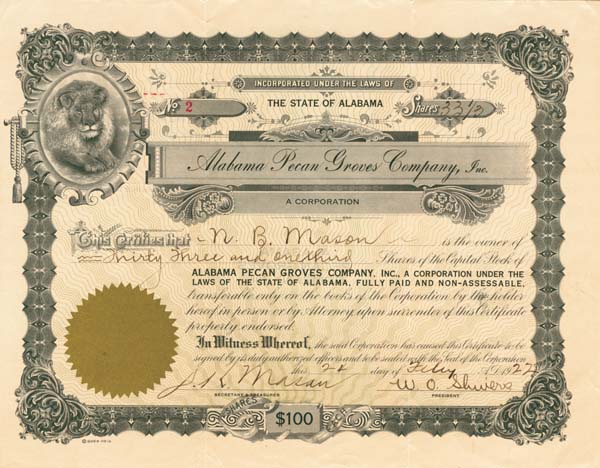 Alabama Pecan Groves Co - Stock Certificate