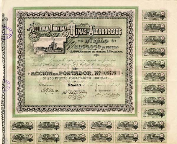 Sociedad Anonima Minas De Alcaracejos - Stock Certificate