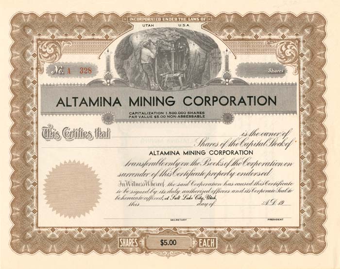 Altamina Mining Corporation - Stock Certificate